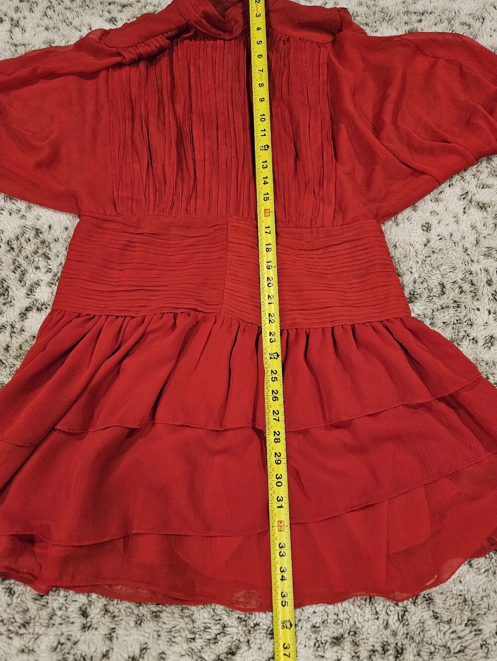 Express SZ 14 Red Mini Dress Lined Pleated Tiered Semi Sheer Balloon Sleeve - Picture 8 of 11